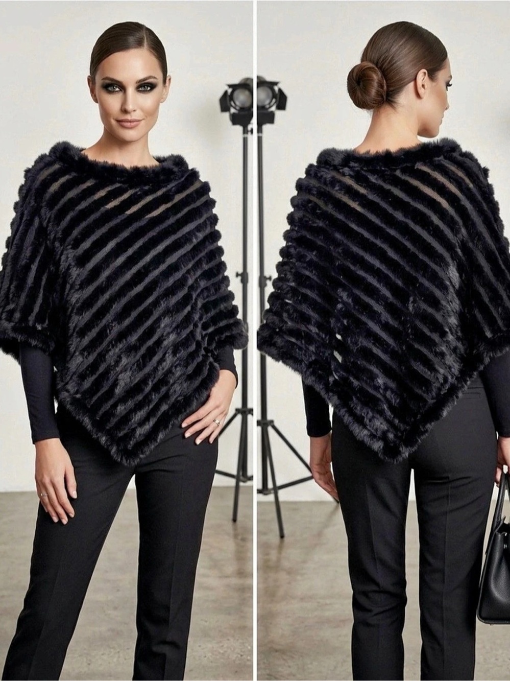 Wilson Leather Maxima Black Faux Fur Poncho New